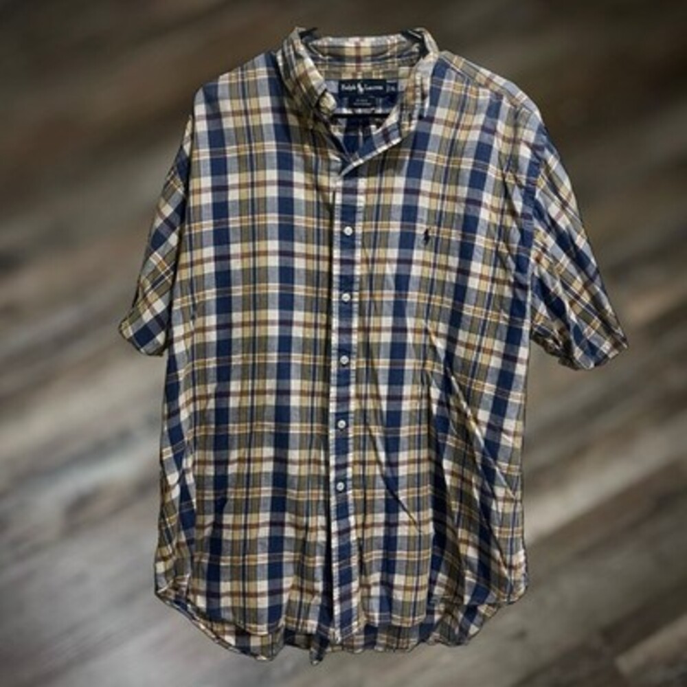 Ralph Lauren Men's Plaid XL Short Sleeve Button Down Shirt - Blue, Cotton